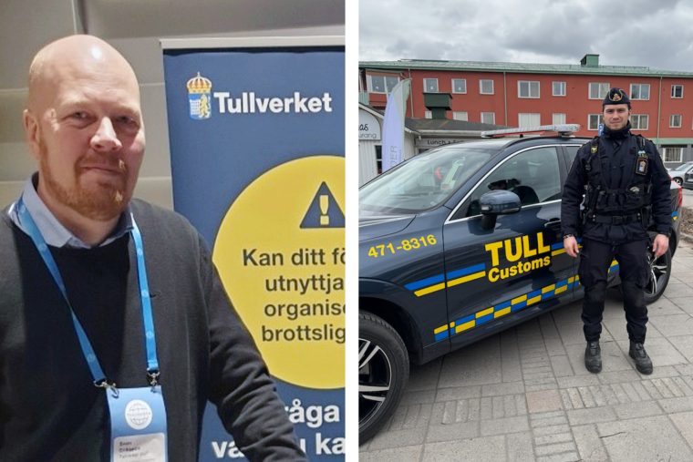 Bilden är en collagebild som består av två sammansatta bilder. Till vänster syns en man från Tullverket. Han har på sig en skjorta och en mörk tröja ovanpå. Bakom honom syns en rollup som är mörkblå. Till höger syns en tullinspektör i arbetskläder. Han står framför en bil märkt Tull och customs.