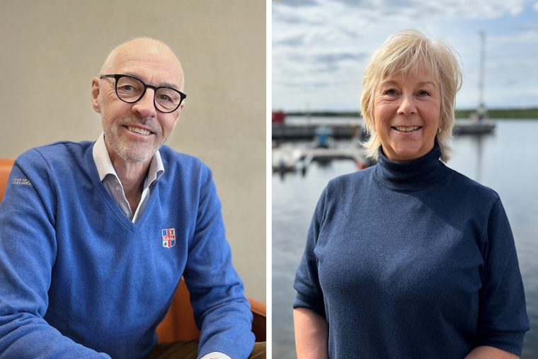 Collagebild med två porträttbilder sammanfogade. Till vänster: En man sitter i en fåtölj och tittar rakt in i kameran med ett leende. Han har en blå tröja på sig. Till höger: En kvinna står i en hamn. Det är en solig dag, men med lätta moln på himlen. Hon ler och tittar in i kameran.